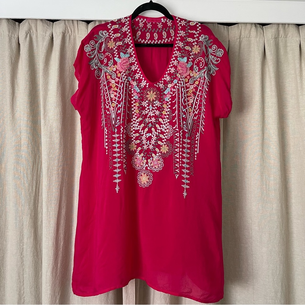 Johnny Was Hot Pink 100% Silk Embroidered Long Line Tunic XL